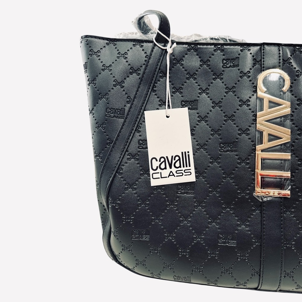 Cavalli Class Sandra Shopper Tote Bag‎ Black Debossed Elegant Designer Handbag - Picture 2 of 6
